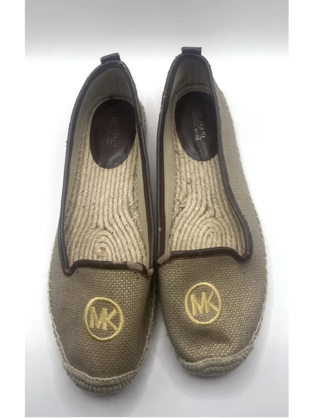 Michael Kors Hastings Espadrille Flats Womens 8 Brown Tan Canvas Gold Logo Shoes